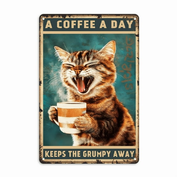 Vintage Cat and Coffee Metal Sign, _A Coffee A Day Keeps The Grumpy Away_, Wall Hanging Decorative Plaque, Multipurpose Indoor_Outdoor Use, No Electricity Needed, 12x8 Inch, with for Kitchen, Cafe