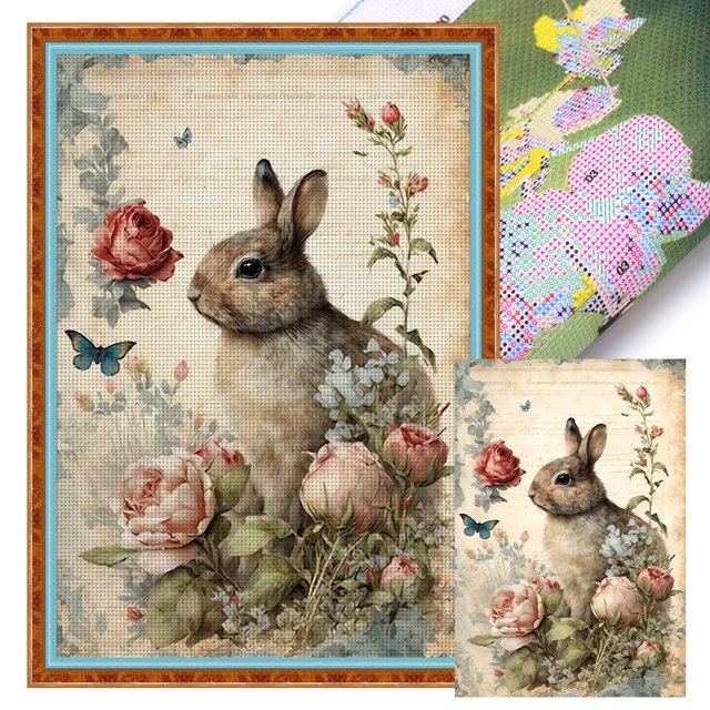 Hilo de bordar de algodón completo, Kit de punto de cruz con estampado de conejito y peonía de 11CT, 40x60cm
