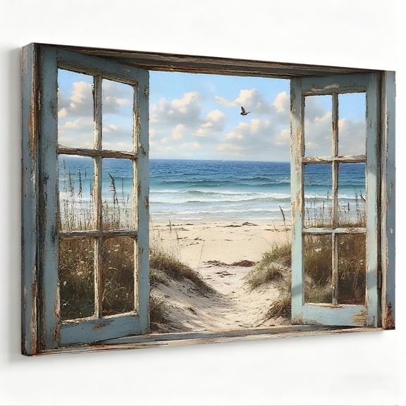Beach View Through Rustic Window Framed Canvas Wall Art, Coastal Ocean Beach Wall Decor, Nautical Pictures for Living Room Bedroom Bathroom 12×8