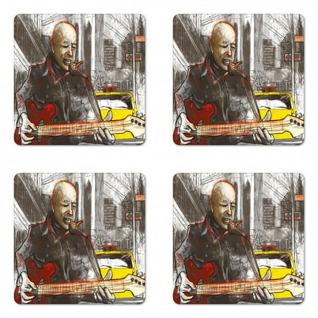

Modern Coaster Set of 4 Street Musician Man Singing Playing Guitar Show Performance Grunge Urban Artwork Square Hardboard Gloss Coasters Standard Size Multicolor by Ambesonne