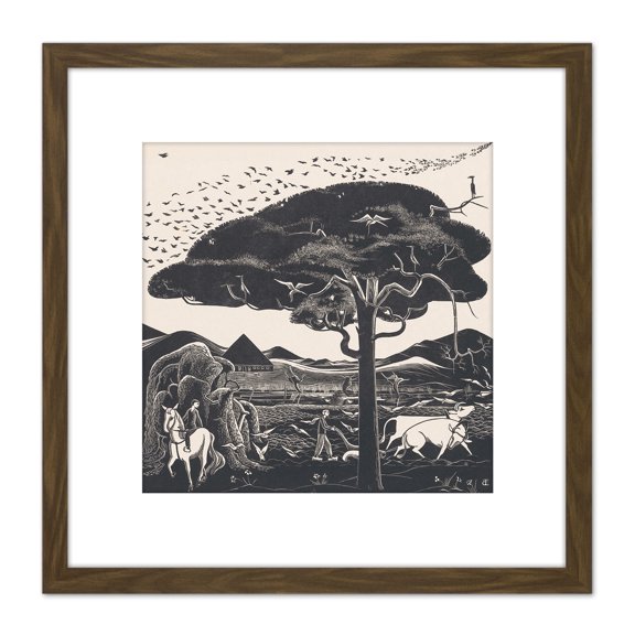 Bernard Essers Plowing Oxen Farm Field Bw Landscape 8X8 Inch Square Wooden Framed Wall Art Print Picture with Mount