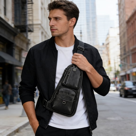 TanSiDing Men's Faux Leather Sling Bag, Crossbody Chest Bag for Men, Water-Resistant Shoulder Bag with Adjustable Strap, Multi-Pocket Organizer for Travel, Work, Hiking, and Daily Essentials