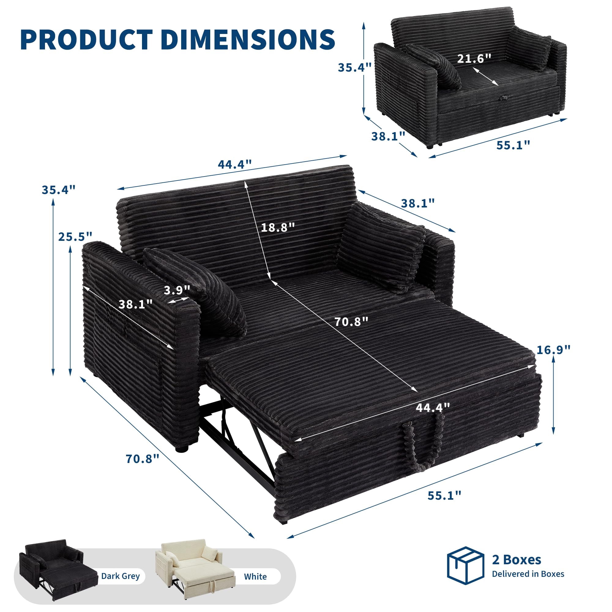 48'' Corduroy Loveseat Sleeper Sofa Bed with Pull-Out Bed, Adjustable Backrest & Charging Ports for Living Room, Bedroom & Apartment