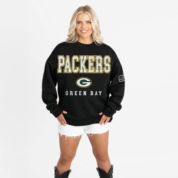 Women's Gameday Couture Black Green Bay Packers Oversized Level Up Black Label Premium Fleece Sweatshirt