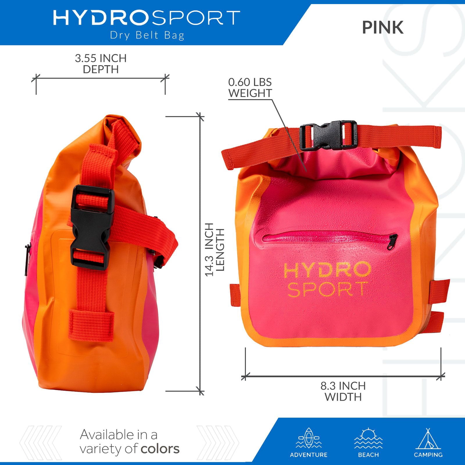 FITKICKS HydroSport Dry Belt Bag Waterproof Waist Pack with Adjustable Strap - Pink