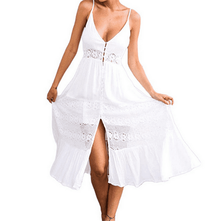 Women's Beach Party Sexy Deep V Neck Backless Spaghetti Strap Lace Dress White for