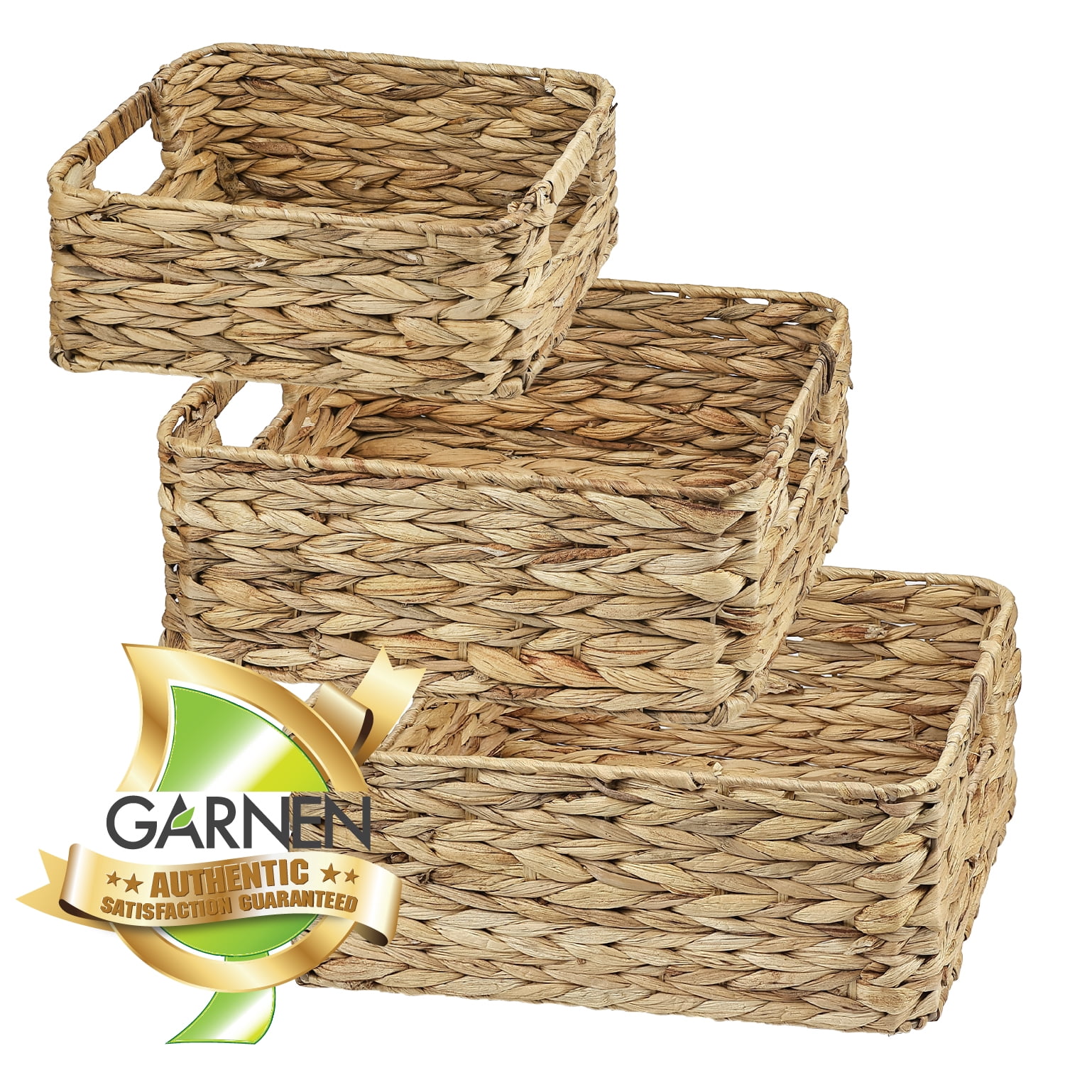 Garnen Set of 3 Wicker Basket Storage, Woven Basket with Handle, Decorative Wicker Baskets Rectangular for Desk Organizer Bathroom Tray, 11" 13" 14"