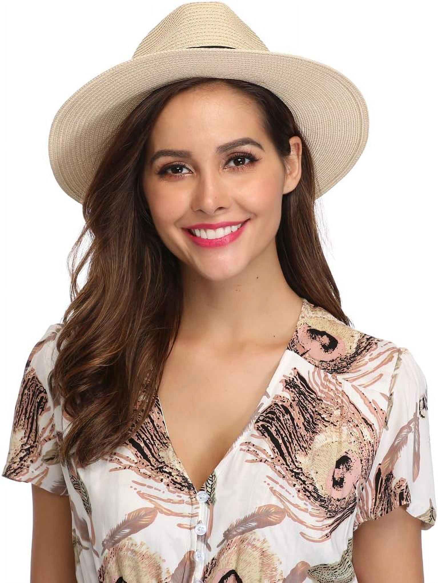 Women Wide Brim Straw Panama Roll up Hat Fedora Summer Beach 
