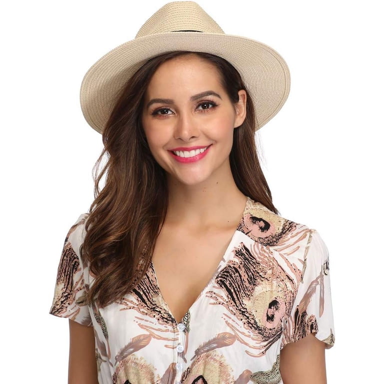 Women Wide Brim Straw Panama Roll up Hat Fedora Summer Beach  display picture 1