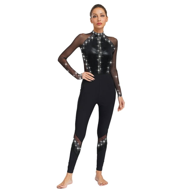 Jizyo Combinaison Intégrale de Danse à Manches Longues pour Femmes, Brillante avec Strass, une Pièce, Noir G