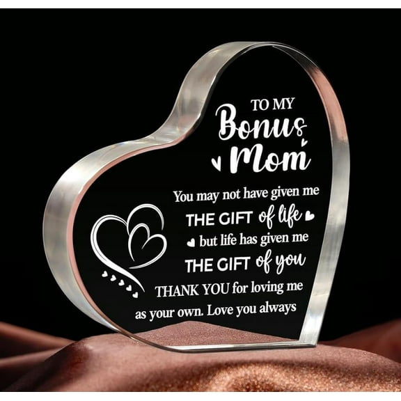 Gifts To My Bonus Mom, Birthday Gifts for Step Mom from Step Daughter Acrylic Heart Keepsake, Mothers Day Gift Ideas for Bonus Mom from Son, Christmas Gifts Valentines Day Gifts for Bonus Mom