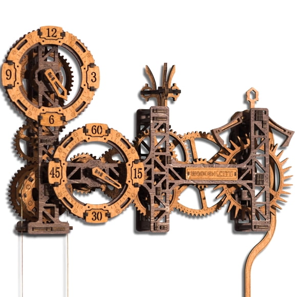 WOODEN.CITY Steampunk Gearworks 3D Wooden Puzzle Clock – DIY Wall Clock Model Kit – Build Your Own Clockwork Puzzle with Moving Gears – 288 Par