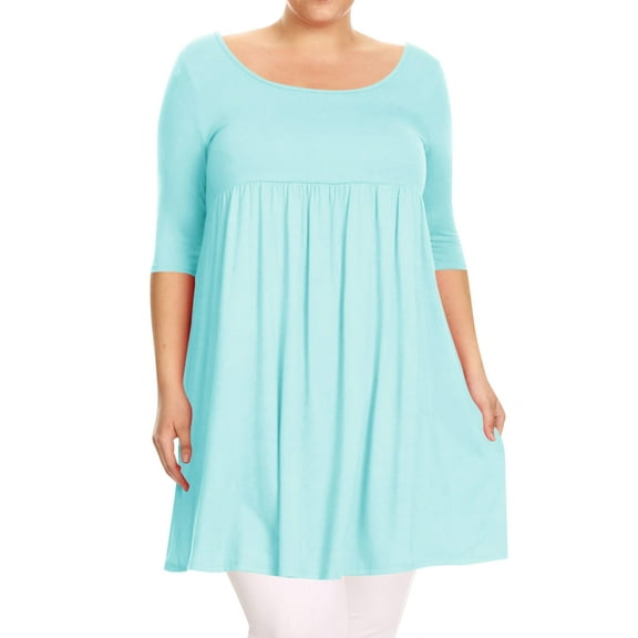 Women's Plus Size 3/4 Sleeves Scoop Neck Babydoll Solid Tunic Top Dress Made in USA