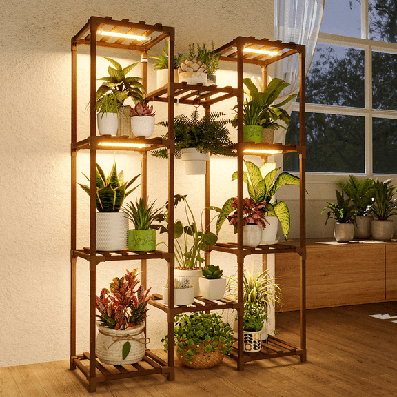 Bamworld Plant Shelf with Grow Light Plant Stand suitable for large living rooms, suitable for multiple flower pots, with warm light design, suitable for gardening