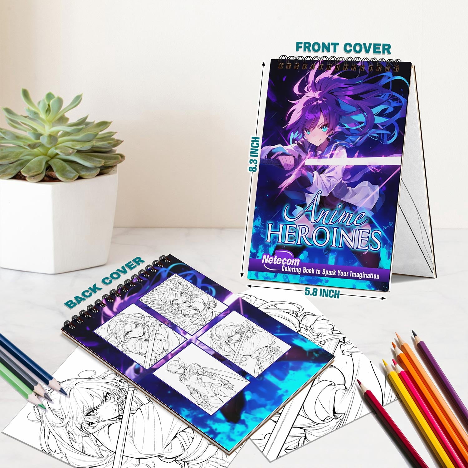 Netecom Anime Heroines Girls Coloring Book Spiral Bound for Adults, A5 Wooden Cover, 30 Delightful Coloring Pages of Warriors in Anime Style for Stress Relief and Relaxation