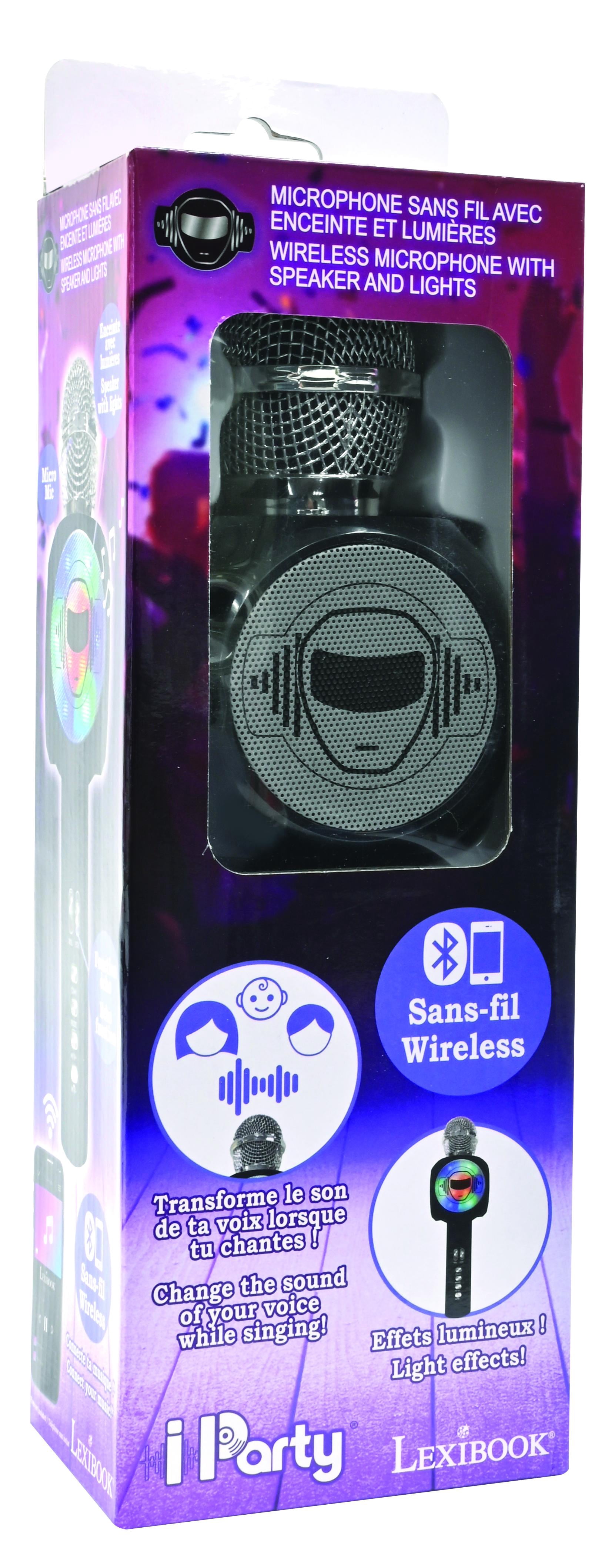 Lexibook Wireless Microphone with Speaker, Lights and Voice Changer, Bluetooth, USB, Micro SD, Black/Silver