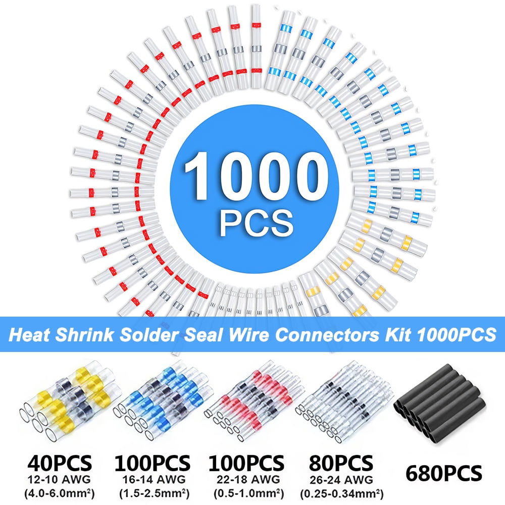 Heat Shrink Solder Seal Wire Connectors Kit 1000PCS, Waterproof Butt Connector Heat Shrink Electrical Terminals, Insulated Solderless Wiring Splice Connectors for Marine Automotive Boat Truck