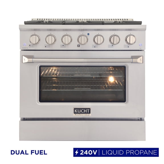 36 in. 5.2 cu. ft Dual Fuel Range for Propane Gas Sealed Burners in Silver.