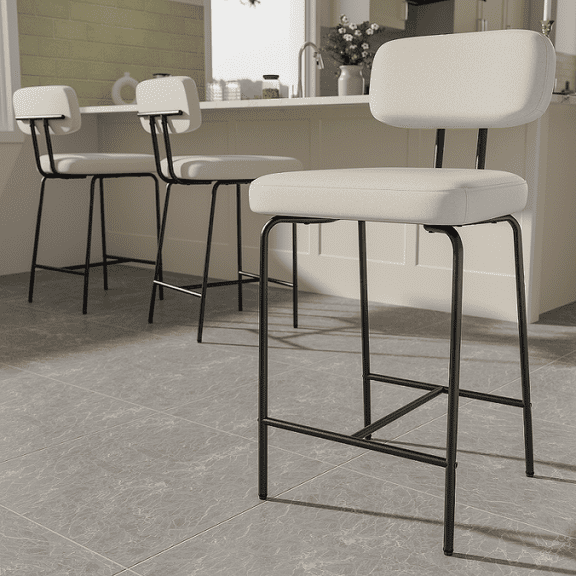 iooHug 26" Fabric Bar Stools with Backs, Set of 3 Counter Height Bar Stools, Wide Seat Kitchen Island Chairs with Metal Legs for Kitchen Island/Dining Room/Bar, White