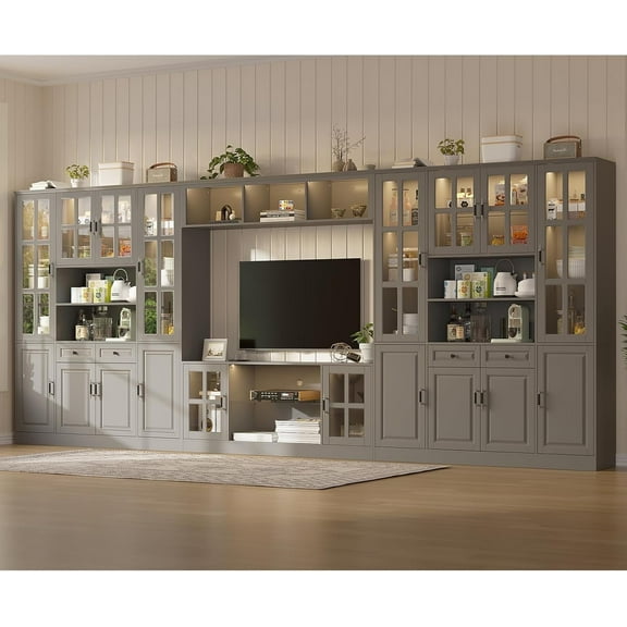 MEISSALIVVE 4-Piece Wall Unit TV Stand with Storage & LED Lights for TVs up to 75", Modern Entertainment Center with Bookshelves & 8-Door Pantry Cabinet, Gray