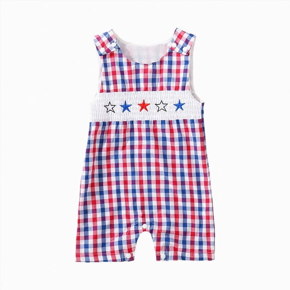 Baby Onesies Boy 4th of July Baby Clothes Newborn Girl Boy Smocked Bubble Romper Flag Plaid Overalls Infant First 4th of July Outfit