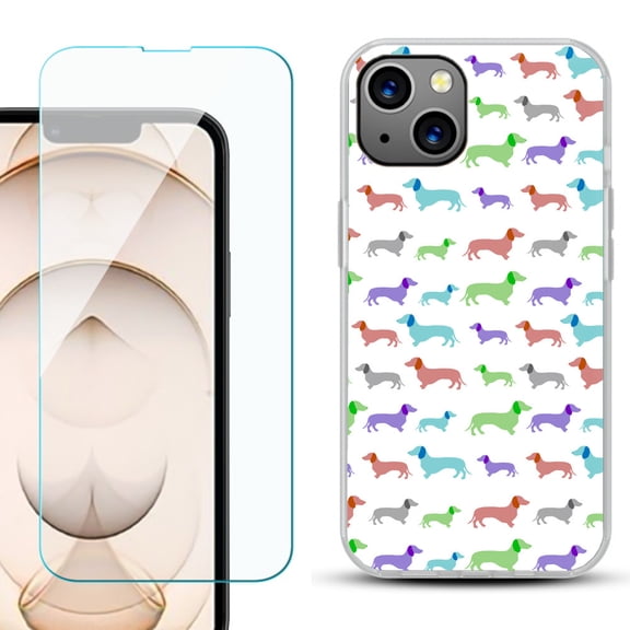 Slim-Fit Flexible TPU Gel Phone Case for iPhone 13, with Tempered Glass Screen Protector, by OneToughShield ® - Colorful Dachshund/Puppy