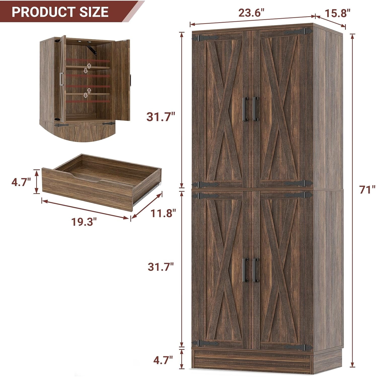 iSunirm 71" Tall Kitchen Pantry Storage Cabinet with Drawer, 4 Doors and 4 Adjustable Shelves, Freestanding Wood Farmhouse Pantry Cabinet for Kitchen, Dining Room, Pantry