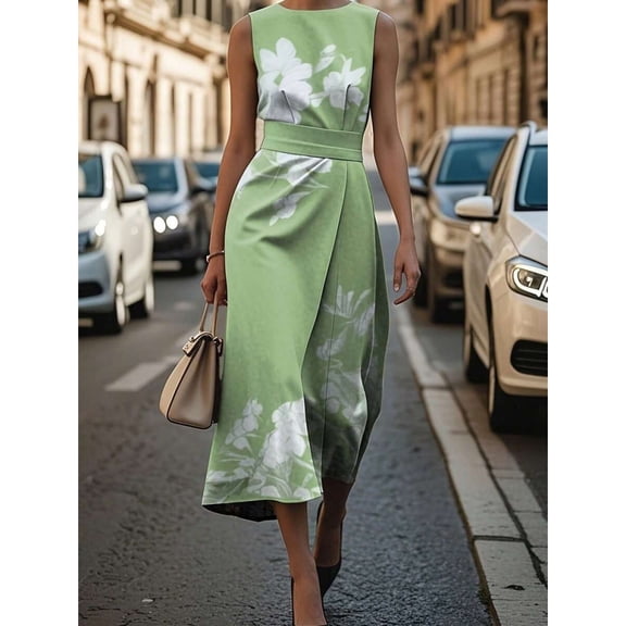 Womens Light Green Floral Print Sleeveless A-Line Midi Dress With Wide Belt And Wrap Hem FSZW32010