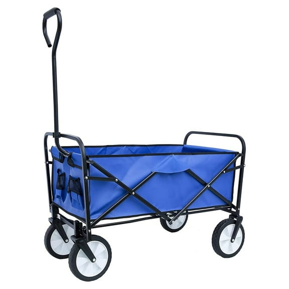 Utility Wagon Collapsible Folding Cart - Outdoor Garden Shopping Wagon with Adjustable Handle & Cup Holders - Heavy Duty 150lbs Capacity - Blue