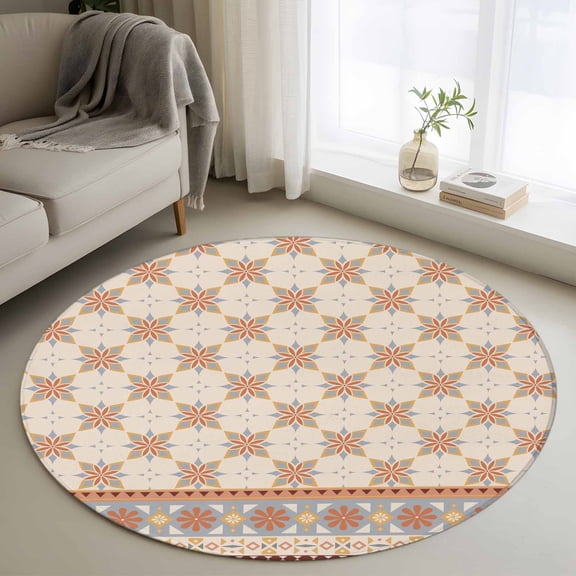 Round Rug 4Ft Washable Non-Slip, Orange Floral Circle Area Rugs for Living Room Bedroom, Country Boho Ethnic Art Flowers Motifs Indoor Floor Mats Carpet Runner for Home Decor Aesthetic