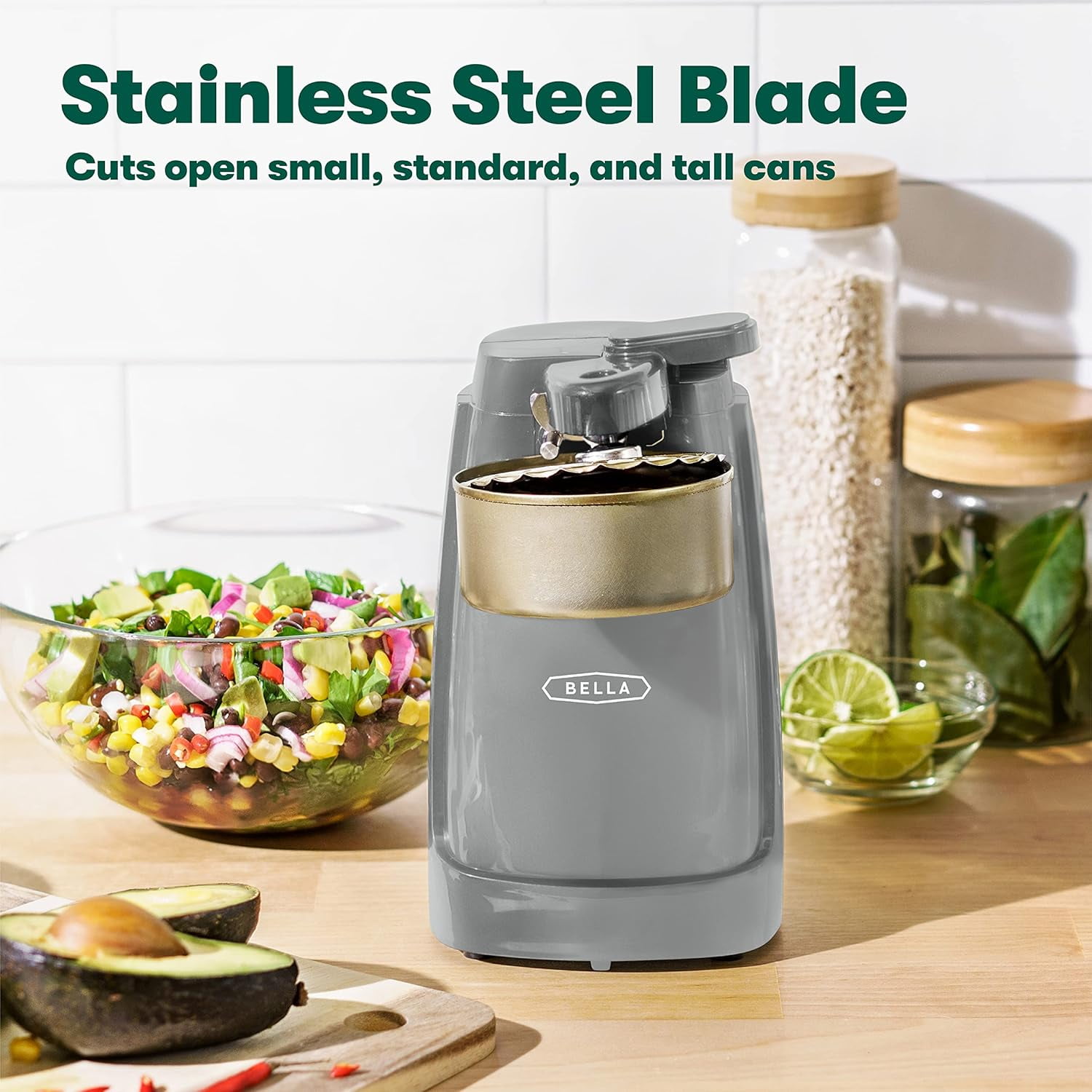 Electric Can Opener and Knife Sharpener, Multifunctional Jar and Bottle Opener with Removable Cutting Lever and Cord Storage, Stainless Steel Blade, Sage