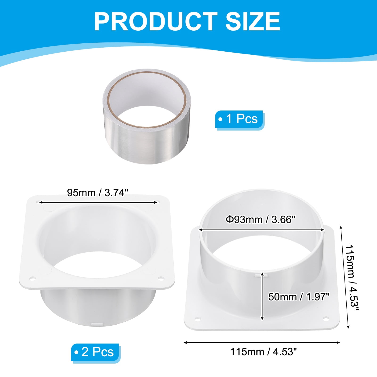 Uxcell 4" Duct Connector Flange, 2 Pack Plastic Straight Pipe Flange with Tape for HVAC, White