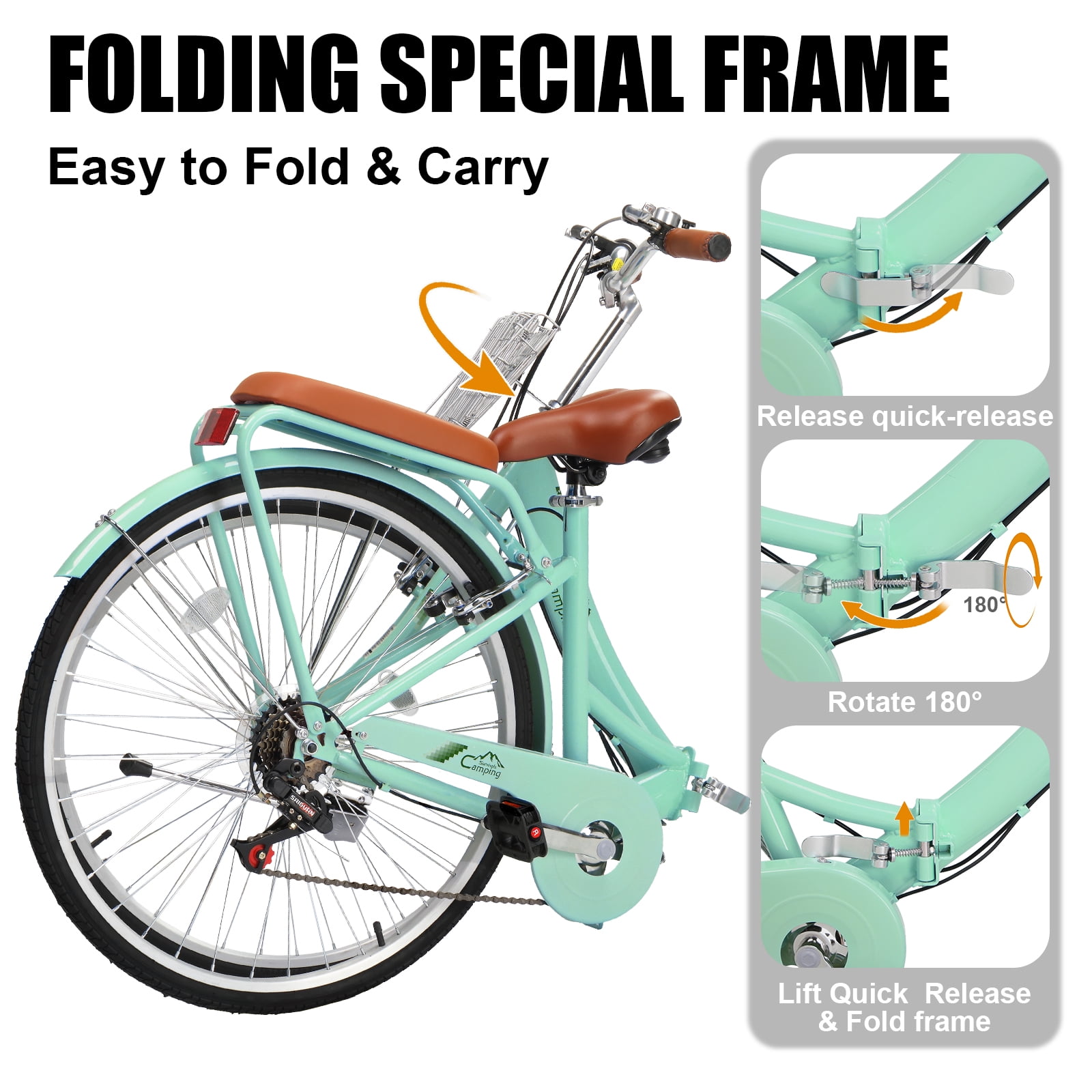 Ktaxon 24 Inch Folding Beach Cruiser Bike, 7 Speed Womens Bike