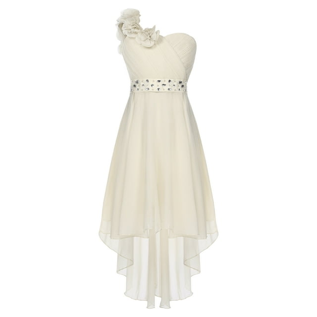 Linjinx Robe Formelle Appliquée Fleur 3D pour Filles une Épaule Asymétrique en Chiffon Robe de Demoiselle d'Honneur Junior Champagne 10