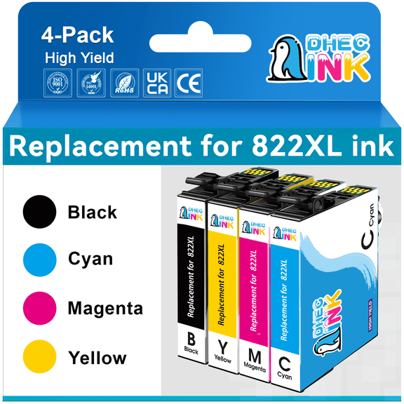 DHECINK Ink Cartridge Replacement for Epson 822 Ink for Epson 822XL Ink Cartridge 822 Ink for Epson Ink 822 (4 Pack)