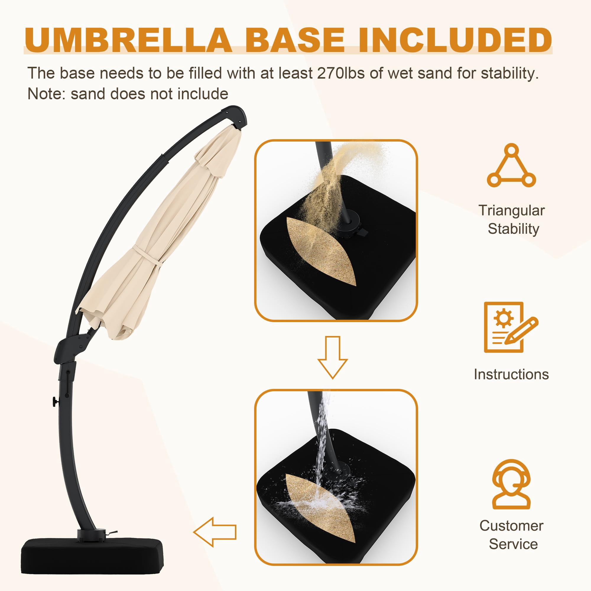 Memoryfield Outdoor Large Round Aluminum Cantilever Market Umbrella, Heavy-Duty Offset Patio Umbrella with 360° Rotation & Base Included, Khaki