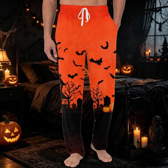Satingcolo Mens Halloween Pajama Pants Sleep Lounge Bottoms Soft Comfy Pj Pant Sleepwear All Season Relax Fit Big Tall Daily Pants,Saffron XL