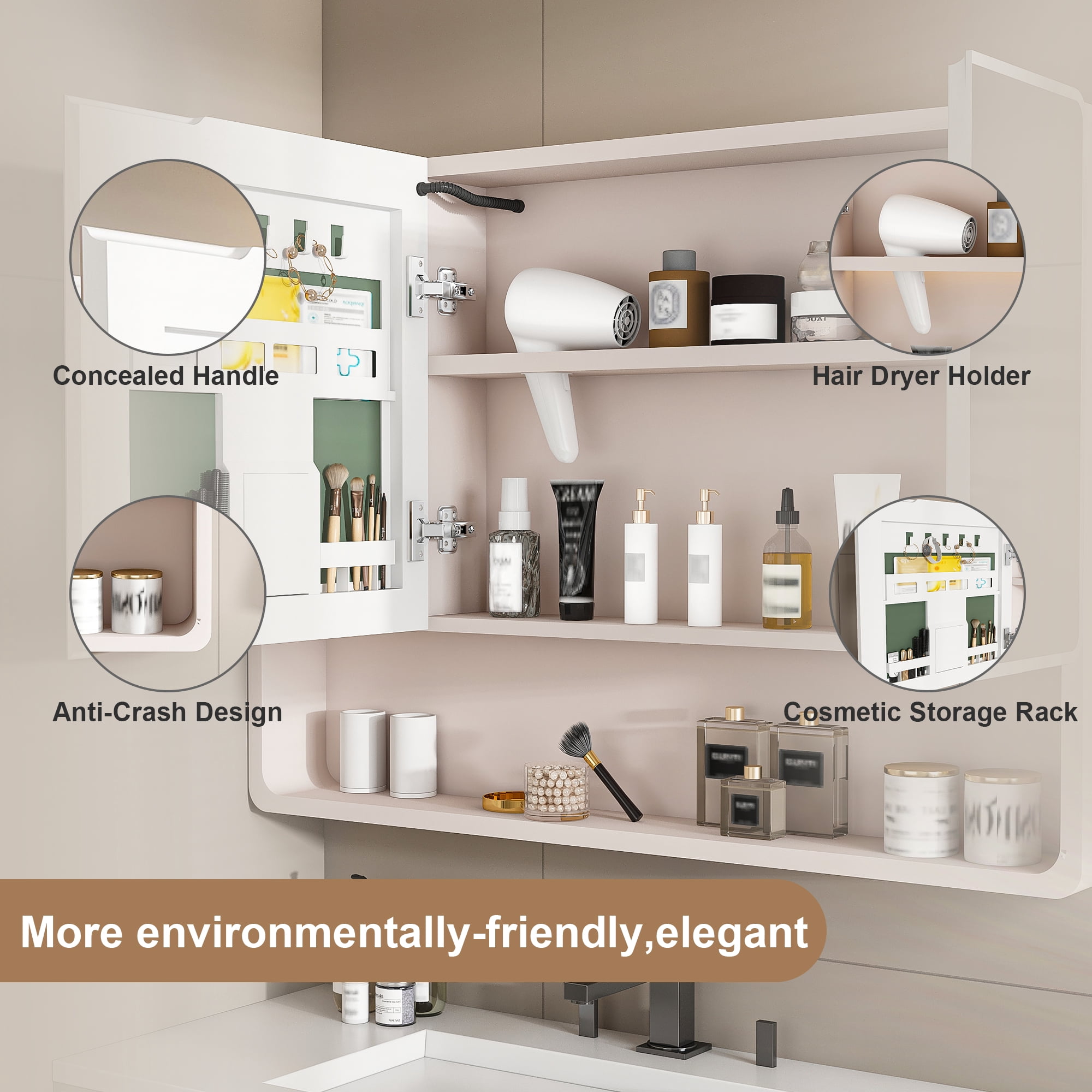 Aukfa Bathroom Medicine Cabinets Wall Cabinet with Defogging Function and LED Lights,35"x28",Khaki