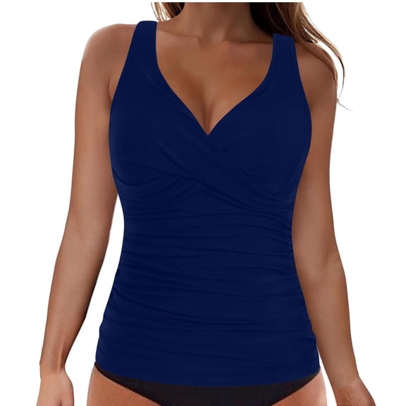 Aihuaihua Women Tankini Top Only Tummy Control Bathing Suit Rushed Top Pleated Front Swim Top Criss Cross Back Swimsuit Navy2 M