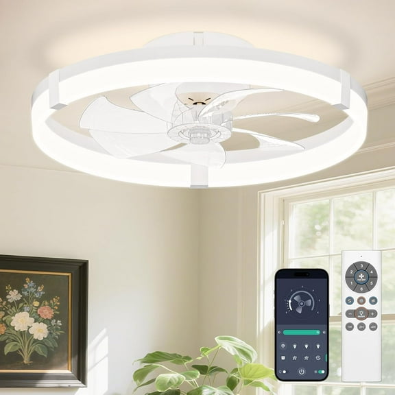 Low Profile Ceiling Fans with Lights and Remote, 19.7in Flush Mount Ceiling Fans with Light, 3000K-6500K Dimmable Fandelier Ceiling Fan, Bladeless Ceiling Fan for Bedroom(White)