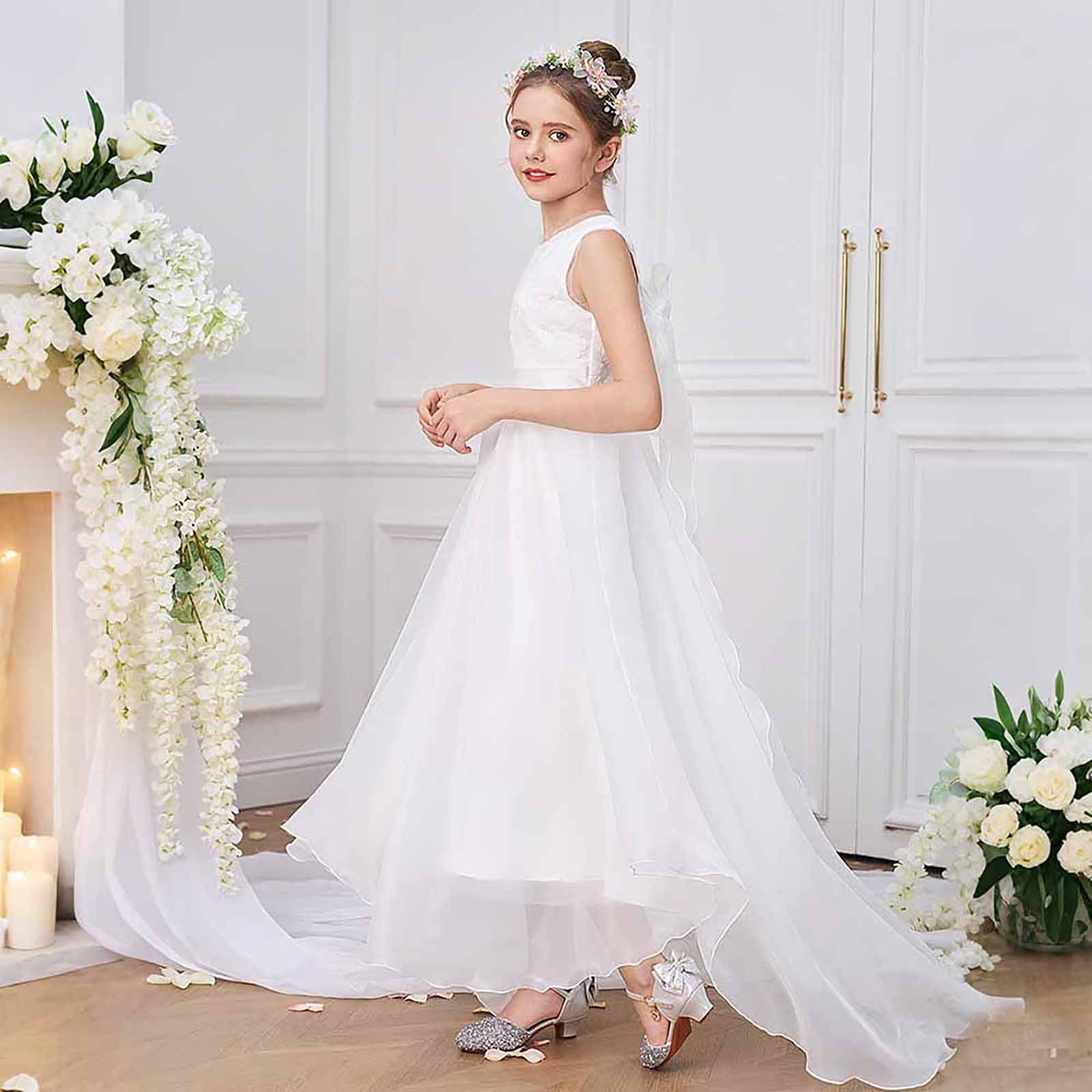 Wdgfv Elegant Girls Dresses Back V Neck Bow Dress For Kids 7-12 Years Old Casual Party Wear Comfortable Breathable Fabric Spring Summer Fall White 10-11 Years