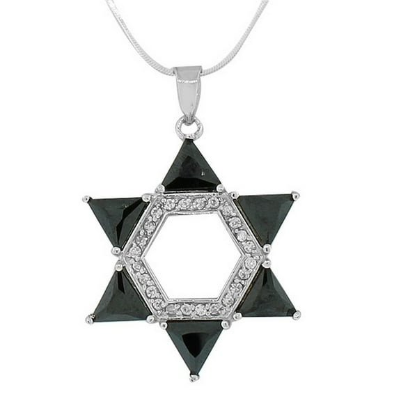 925 Sterling Silver Jewish Large Star David Black White Pendant Necklace