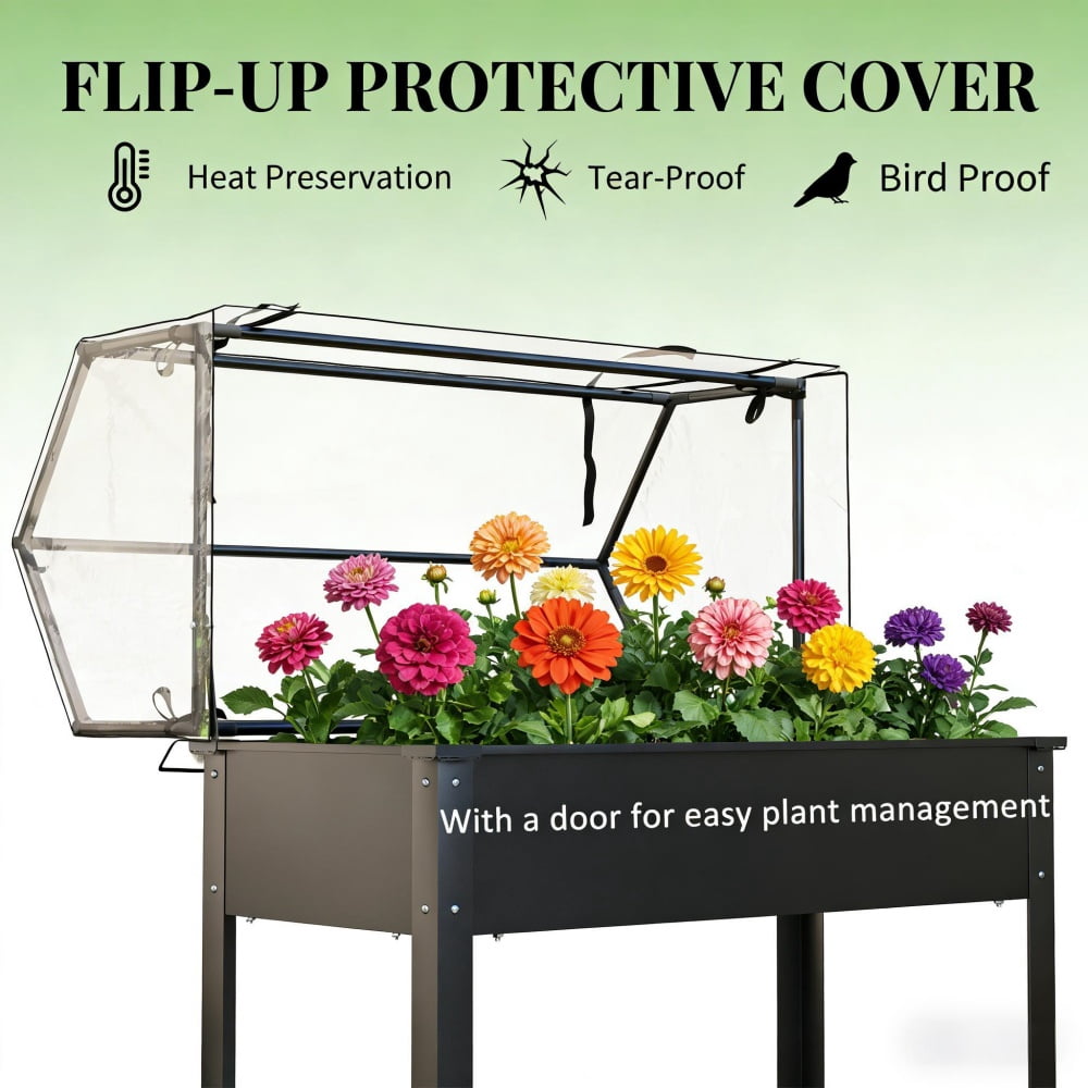 2-in-1 Raised Planter Box with Greenhouse Cover, Elevated Garden Bed with Flip-Up Door, Metal Steel Frame, Drainage Hole, 110 Lbs Capacity for Outdoor Plants Vegetables Herbs