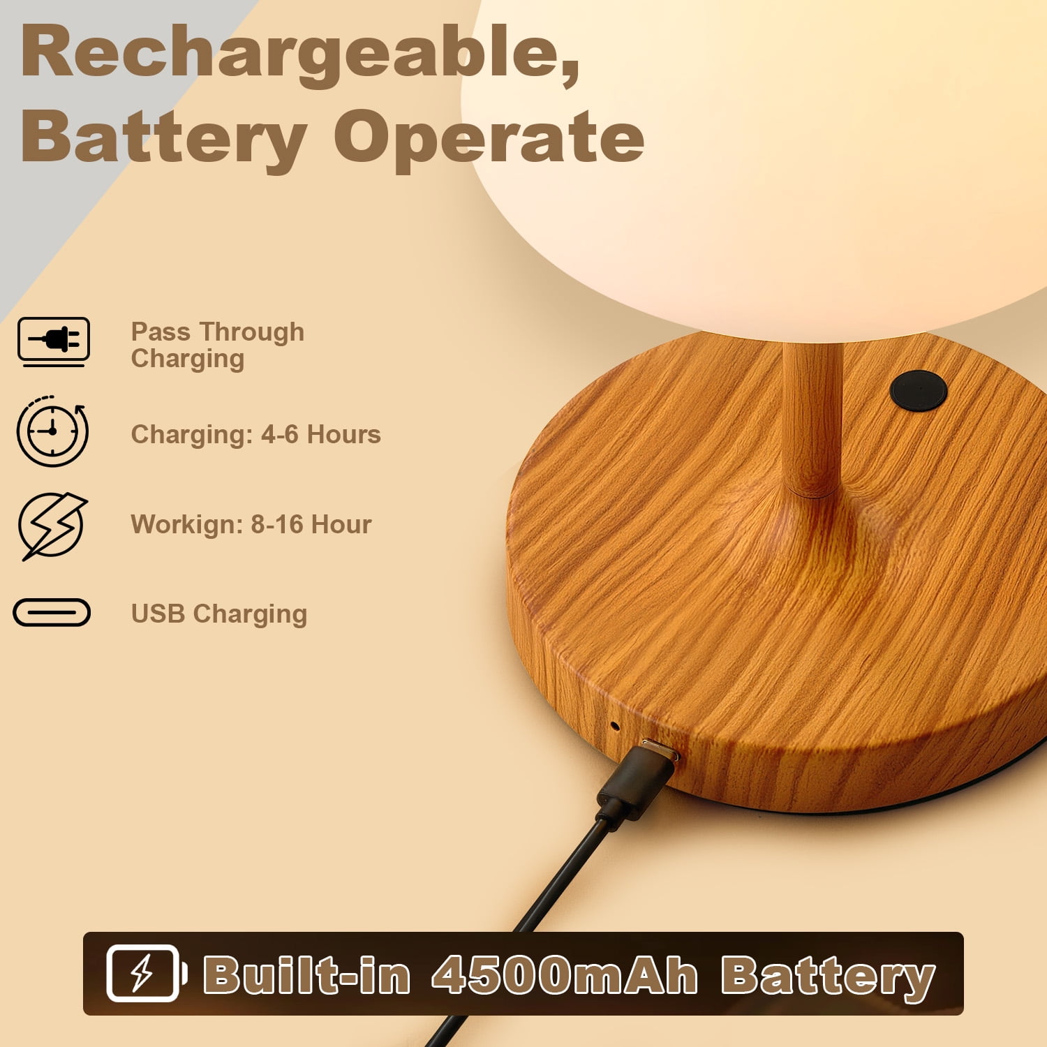Walchoice Cordless Table Lamp Rechargeable, Outdoor Operated Shower Lamp Waterproof, Touch Dimmable Desk Lamp for Bedroom Patio Restaurant Home - Wood Grain