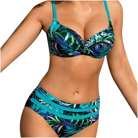 

Finelylove Swimsuits For Women Lightly Lined Sport Bra Style Bikini Blue XXL
