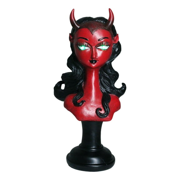 Horned Lilith Hell Demon Devil Queen Bust Figurine With Green LED Light Up Eyes