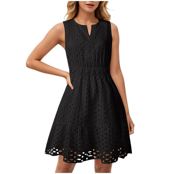 vigerkar Women's Summer Sleeveless Mini Dress V Neck Hollow Out Eyelet High Waist A Line Swing Short Party Dresses Black, S