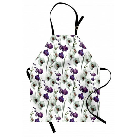

Watercolor Flower Apron Wild Orchid Family Flowerpot Plants with Blooms Romantic Floral Art Unisex Kitchen Bib Apron with Adjustable Neck for Cooking Baking Gardening Purple White by Ambesonne