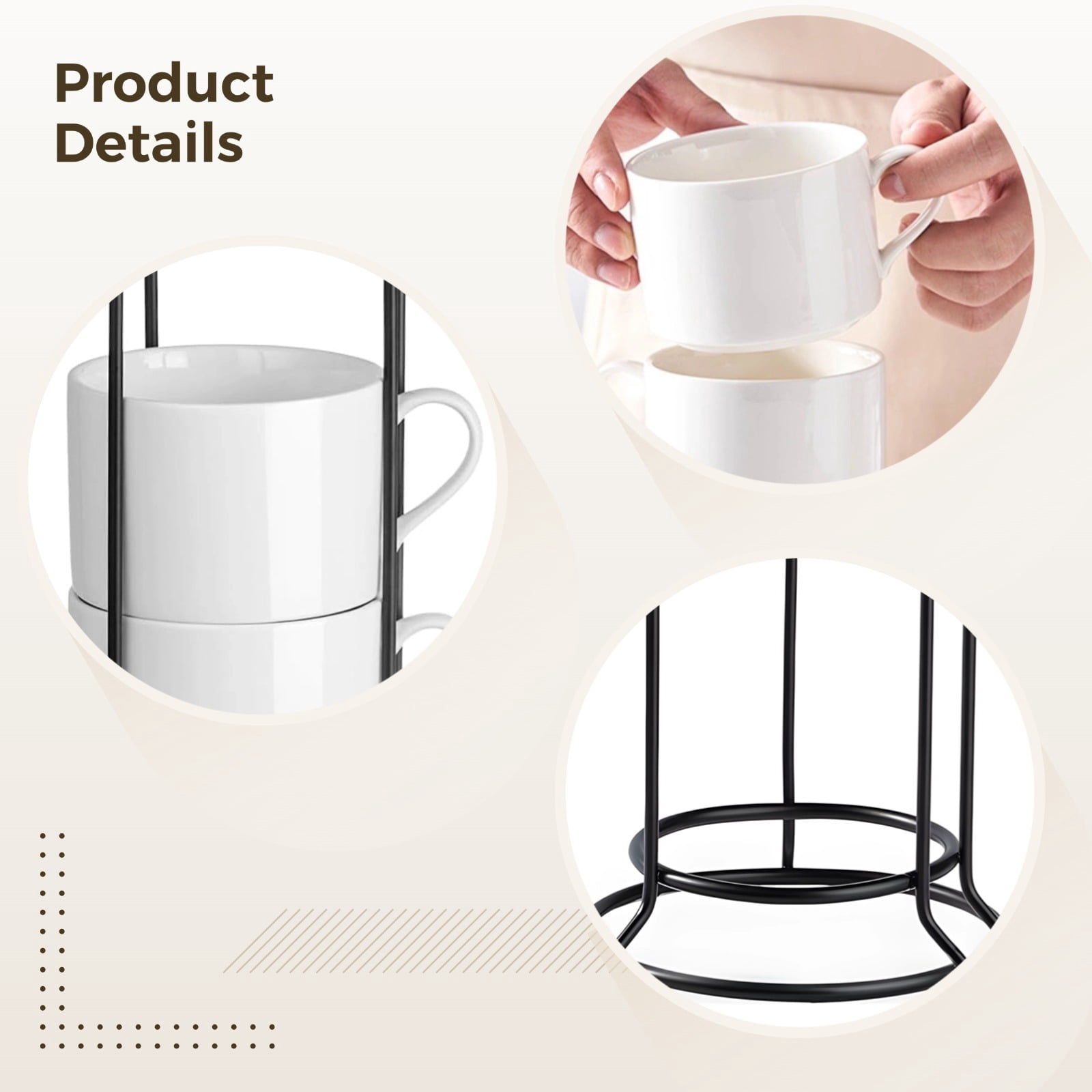 4 Pcs Ceramic Coffee Mugs Set with Black Metal Stand – 10 Oz Stackable Espresso Cups with Handles, Microwave & Dishwasher Safe, Space‑Saving Modern Kitchen Decor