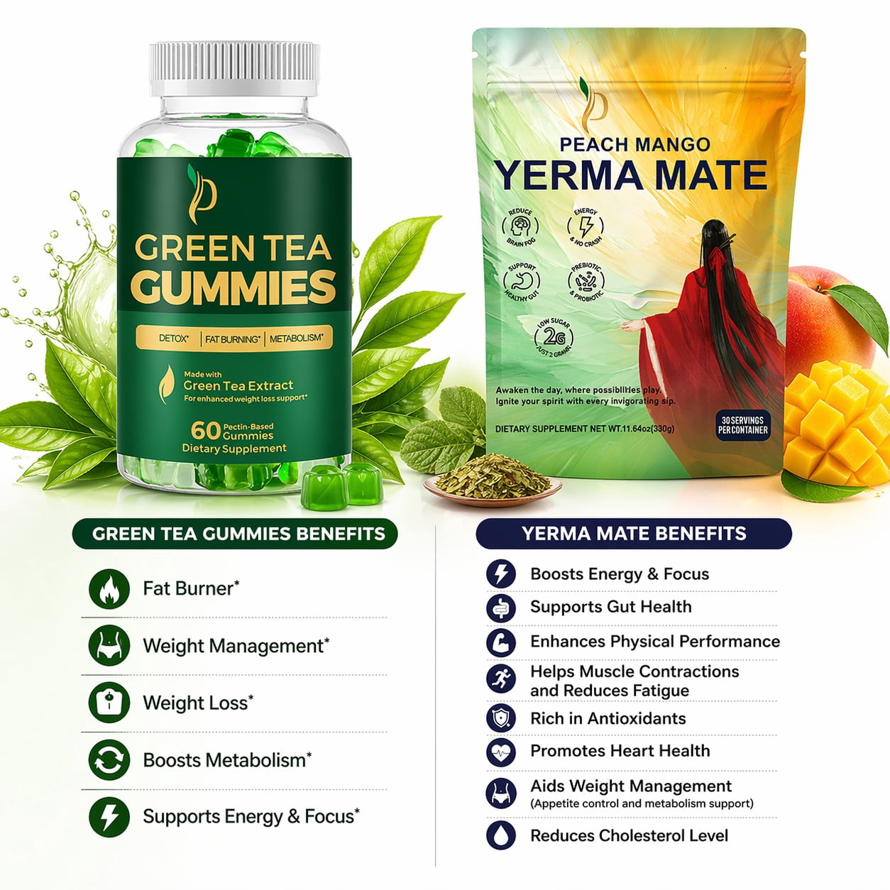 Yerba Mate Drink Mix Powder (Peach Mango) + Green Tea Gummies (Apple) Combo Pack, Energy, Focus & Wellness Support, 30 Servings